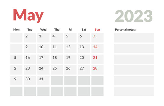 Calendar Template of may 2023 with place for notes. Vector layout simple calendar with week start monday.