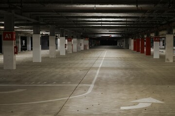 View of the interior of an empty underground parking lot