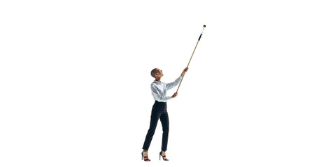 Creative business woman painting a wall with a roller on a transparent background