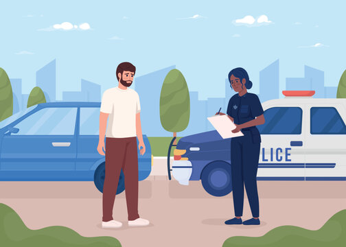Worried bearded man pulled over by police officer flat color vector illustration. Writing out traffic ticket for violation. Fully editable 2D simple cartoon characters with cityscape on background