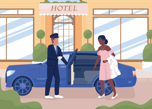 Personal driver hiring service flat color vector illustration. Elegant lady in luxury dress sitting in car. Fully editable 2D simple cartoon characters with hotel exterior design on background