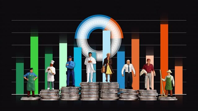 Bar graph and circle graph with a piles of coins. The concept of income disparity.
