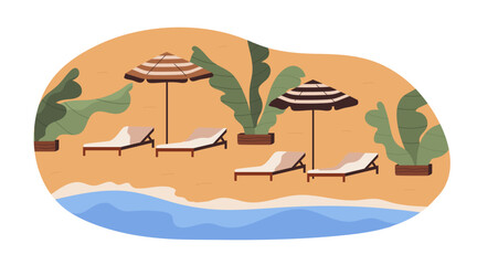 Summer beach with umbrellas and deck chairs on sand. Seaside resort, sea coast with chaise-longues. Private deckchairs, sunbeds at ocean water. Flat vector illustration isolated on white background