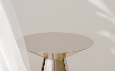 Modern and luxury gold colored round shiny pedestal podium steel in sunlight from window with white curtain in white wall background for product display