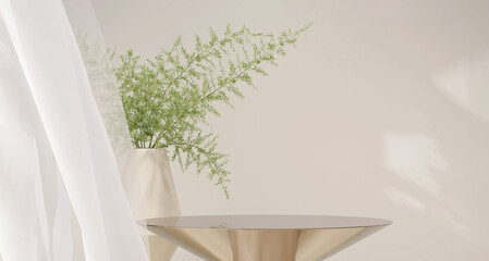 Modern and luxury gold colored round shiny pedestal podium steel with vase of tree twig in sunlight from window with blowing sheer curtain in cream white wall background for product display