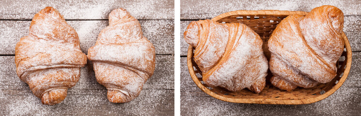 two croissants sprinkled with powdered sugar on old wooden board Top view