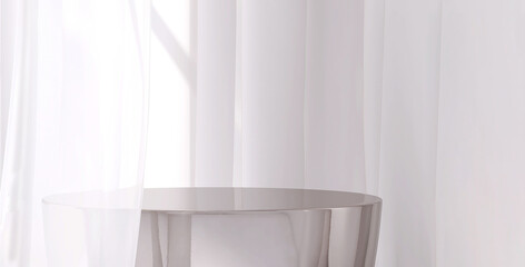 Modern and luxury silver colored round shiny pedestal podium steel in sunlight from window with...