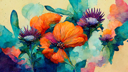 Abstract composition of plants and flower petals painting color texture. Modern floral pattern, super bright vibrant colors. luxury background