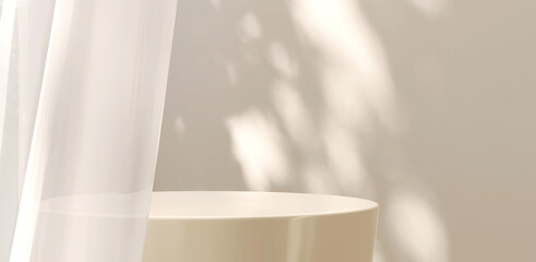 Modern and luxury cream colored round glossy pedestal podium in dappled sunlight from window with...