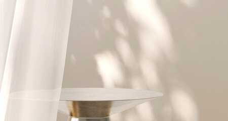 Modern and luxury gold colored round shiny pedestal podium steel in dappled sunlight from window...