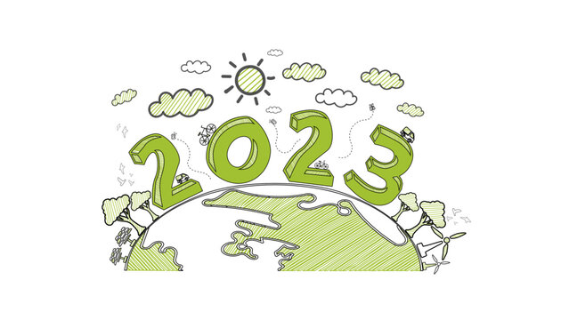 2023 New year, Eco friendly, Sustainability planning concept with globe and World environmental green doodle icons drawing set on white background ,Vector illustration