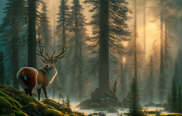 deer standing in a forest with a warm sunlight from a sun shining through the trees behind it and fog in the air