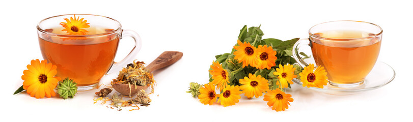 Calendula tea with fresh and dried flowers isolated on white background