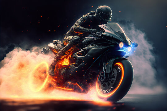 Biker rushes highway of future city. digital art