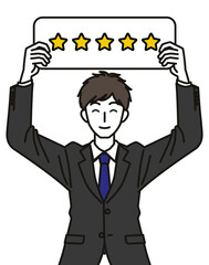 星5つの札をもつスーツを着た男性