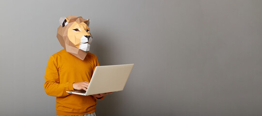 Portrait of busy man with lion mask with wearing casual style orange jumper posing isolated over gray background with copy space for advertisement, working on laptop. - obrazy, fototapety, plakaty