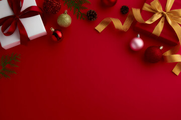 christmas background with red balls and fir branches