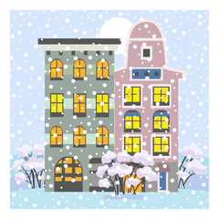 Vector illustration of houses in winter on a snowy day.