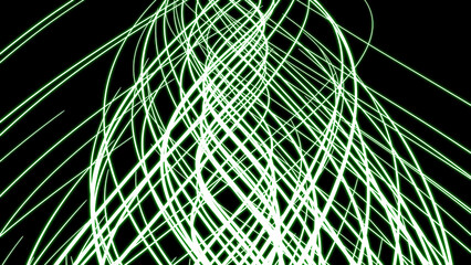 Abstract slowly moving narrow light streaks isolated on a black background. Motion. Intertwined bending colorful lines.