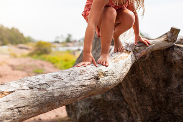 Child balancing on tree. Barefoot on tree. Feel nature.
Barfuß auf Baum. Natur fühlen. Kind...