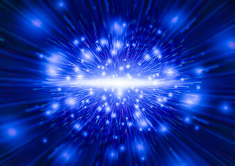 Explosion abstract of blue energy tech elements. Exploding space with stars background. Big Bang in a galaxy of an unknown universe illustration. Technology, Science, Astronomy concept