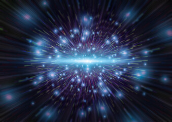 Naklejka premium Exploding space with stars background. Big Bang in a galaxy of an unknown universe illustration. Explosion abstract of new energy tech elements. Technology, Science, Astronomy concept