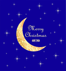 Obraz na płótnie Canvas Christmas navy blue starry greeting card with gold decorative crescent