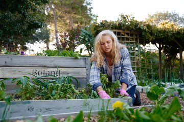 Young caucasian woman wearing checked shirt kneeling while gardening in garden center