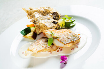 Fried fish fillet, Atlantic cod with vegetables