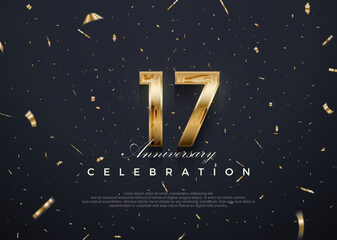 17th anniversary celebration, vector 3d design with luxury and shiny gold. - obrazy, fototapety, plakaty