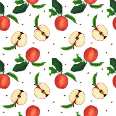 Watercolor illustration with red apples, slices, leaves and seeds, pattern on a white background. Suitable for design.