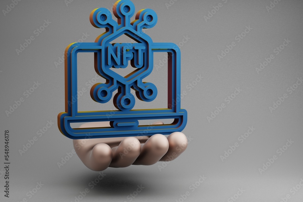 Poster beautiful abstract illustrations golden hand holding blue nft laptop symbol icon on a gray backgroun