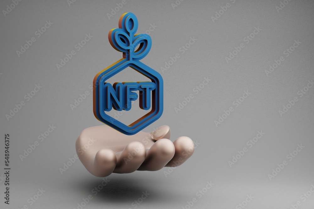 Poster beautiful abstract illustrations golden hand holding blue nft investment symbol icon on a gray backg