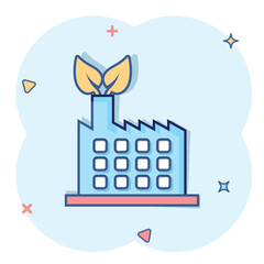 Factory ecology icon in comic style. Eco plant cartoon vector illustration on white isolated background. Nature industry splash effect business concept.