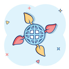 Planet and leaf icon in comic style. World and eco cartoon vector illustration on white isolated background. Globe and organic splash effect business concept.