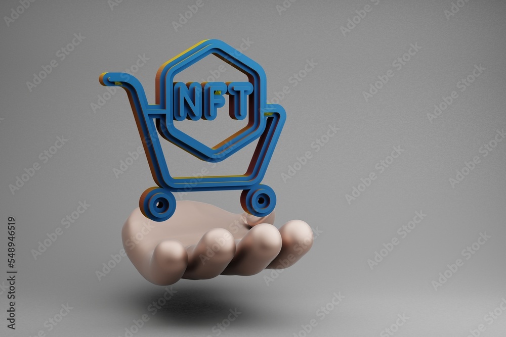 Aufkleber beautiful abstract illustrations golden hand holding blue nft shopping cart symbol icon on a gray ba