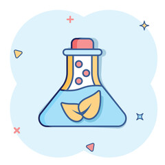 Chemistry glass icon in flat style. Lab flask with leaf vector illustration on white isolated background. Nature analysis sign business concept.