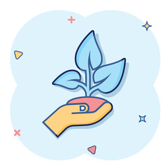 Hand with plant icon in comic style. Flower sprout cartoon vector illustration on white isolated background. Environmental protection splash effect sign business concept.