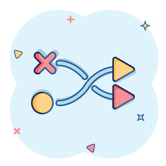 Crossroad icon in comic style. Road direction navigation cartoon vector illustration on white isolated background. Locate pin position splash effect business concept.