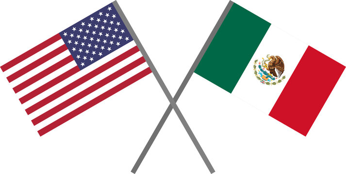 Flat style illustration of American (USA) flag and Mexican flag crossing each others