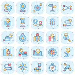 Navigation icon set in comic style. Gps direction cartoon vector illustration on white isolated background. Locate pin position splash effect business concept.