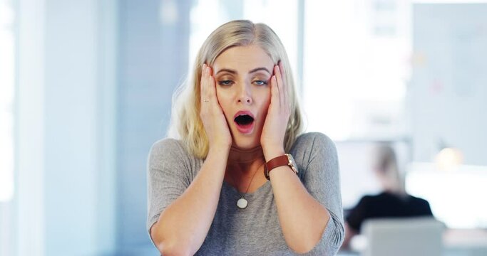 Office woman, wow face and portrait for news story, information or economy in financial trading career. Finance expert, surprise expression or facial shock for stock announcement job in New York