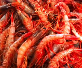 Raw fresh shrimps in a pile at a seafood market