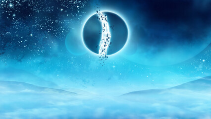 Cosmic mountain background alien planet with glowing cracked ball with planets and stars. © anastasiya