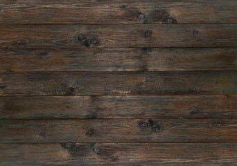 Naklejka premium Vintage brown wood background texture with knots. Old wood wall. Brown abstract background. Vintage wooden dark horizontal boards. Front view with copy space. Background for desktop