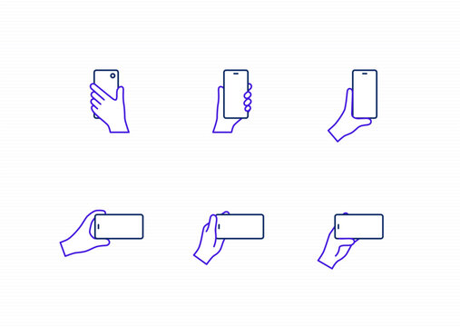 hand holding phone icon set: hands hold mobile phone vertical and horizontal positions. editable stroke vector illustration