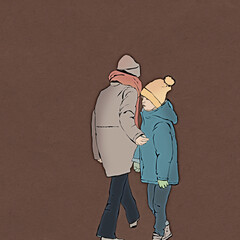 Dwoje dzieci w zimowych ubraniach na brązowym tle. - obrazy, fototapety, plakaty