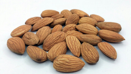 Californian almond nuts on white background. Unshelled almonds best healthy dried fruit photography