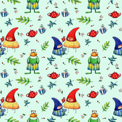 seamless watercolor pattern with gnomes, frog, teapot and cups and green leaves on a colored background.