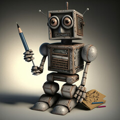 Talented vintage robot holding a pencil and some cards he wrote